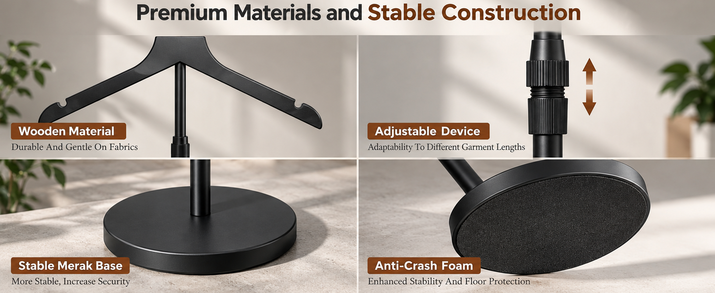 HASTHIP Adjustable Shirt Display Stand with Solid Wood Hanger and Weighted Round Metal Base