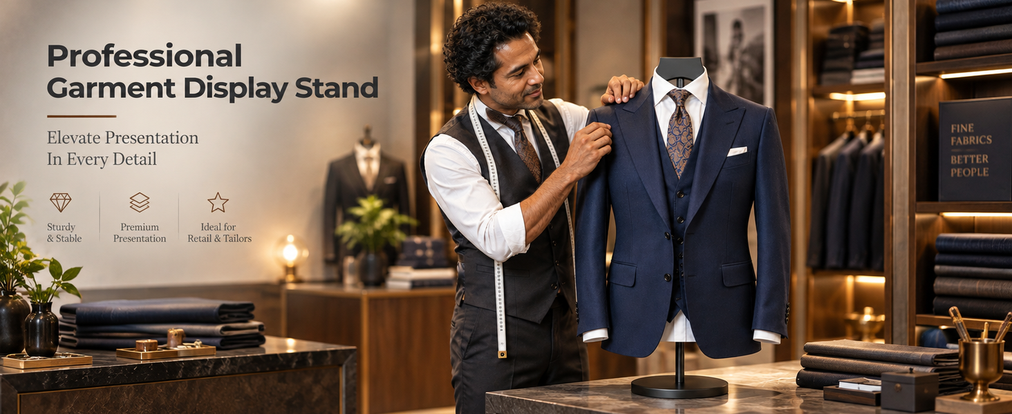 HASTHIP Adjustable Shirt Display Stand with Solid Wood Hanger and Weighted Round Metal Base