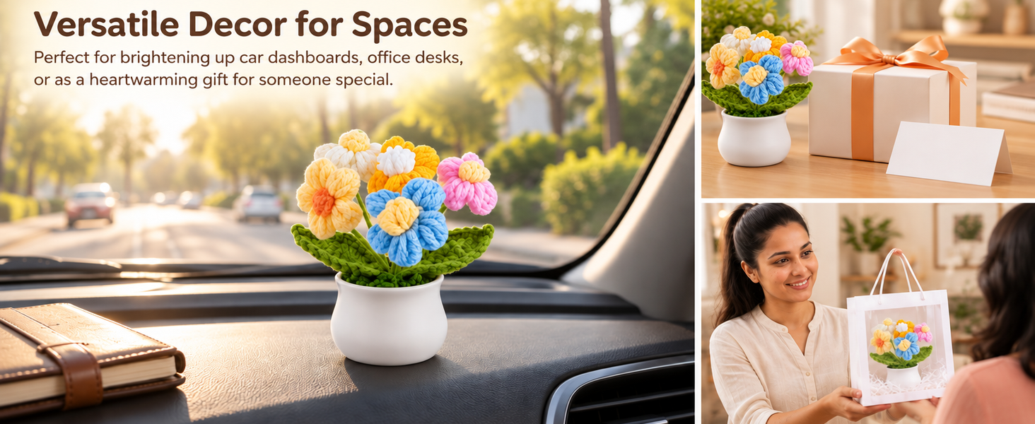 HASTHIP Handmade Crochet Potted Daisy with Colorfast Yarn for Home, Office or Car Decor