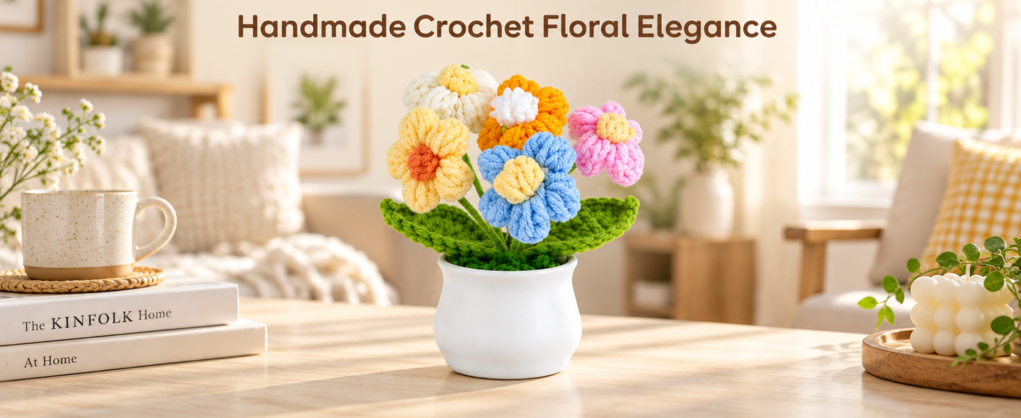 HASTHIP Handmade Crochet Potted Daisy with Colorfast Yarn for Home, Office or Car Decor