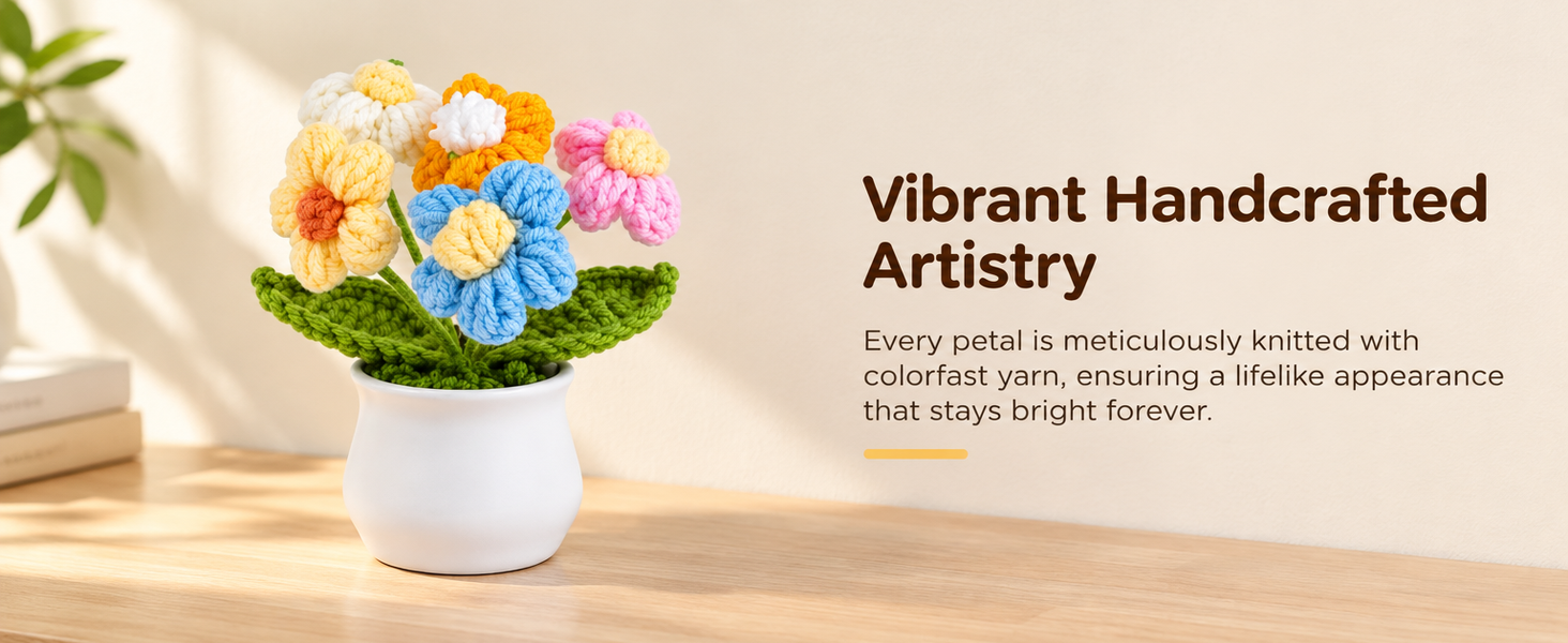 HASTHIP Handmade Crochet Potted Daisy with Colorfast Yarn for Home, Office or Car Decor