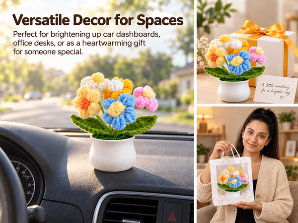 HASTHIP Handmade Crochet Potted Daisy with Colorfast Yarn for Home, Office or Car Decor