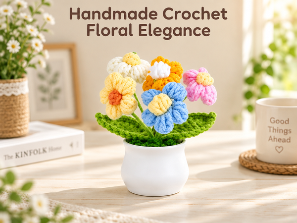 HASTHIP Handmade Crochet Potted Daisy with Colorfast Yarn for Home, Office or Car Decor