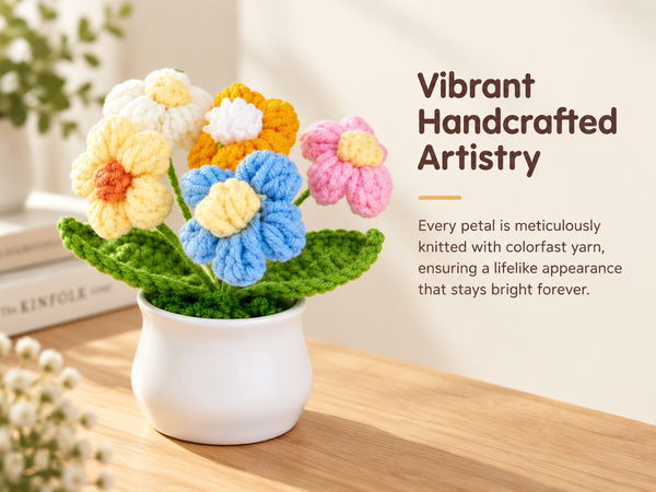 HASTHIP Handmade Crochet Potted Daisy with Colorfast Yarn for Home, Office or Car Decor