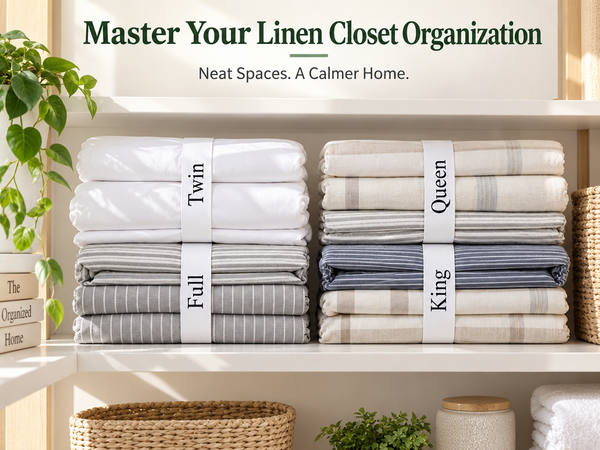 HASTHIP Bed Sheet Organizer Bands, 4-Pack Stretchy Fabric with Twin, Full, Queen and King Labels