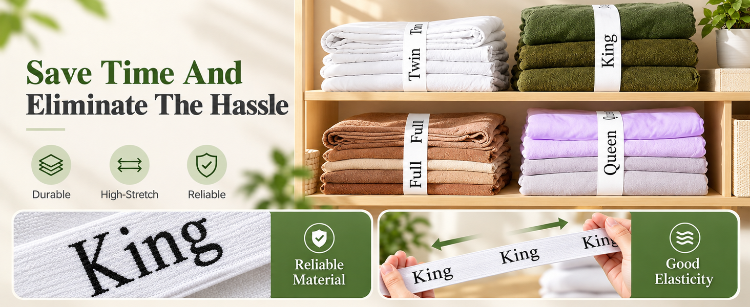 HASTHIP Bed Sheet Organizer Bands, 4-Pack Stretchy Fabric with Twin, Full, Queen and King Labels