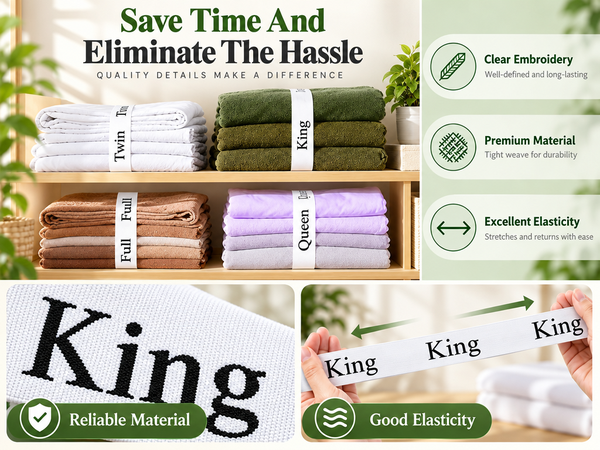 HASTHIP Bed Sheet Organizer Bands, 4-Pack Stretchy Fabric with Twin, Full, Queen and King Labels