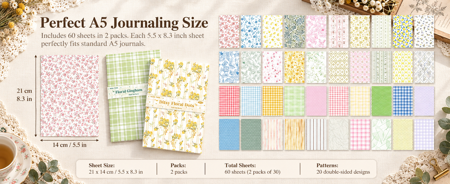 HASTHIP Double-Sided Floral Scrapbook Paper, 60 Sheets, 20 Vintage Designs for Journals and Crafts