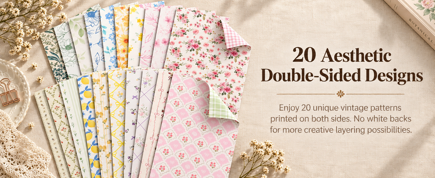 HASTHIP Double-Sided Floral Scrapbook Paper, 60 Sheets, 20 Vintage Designs for Journals and Crafts