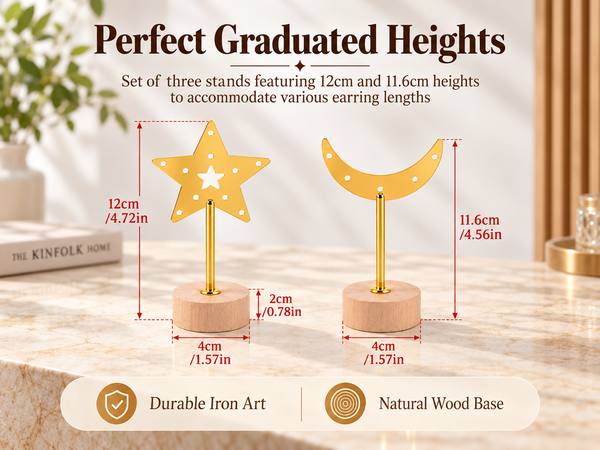 HASTHIP 3 Pcs Star and Moon T Bar Earring Display Stand with Wood Base Featuring 3