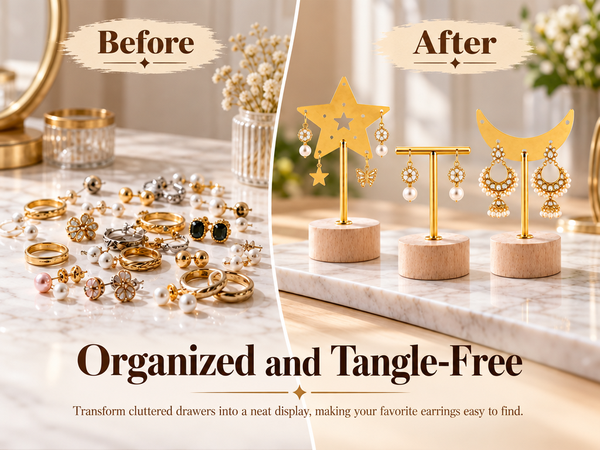 HASTHIP 3 Pcs Star and Moon T Bar Earring Display Stand with Wood Base Featuring 3