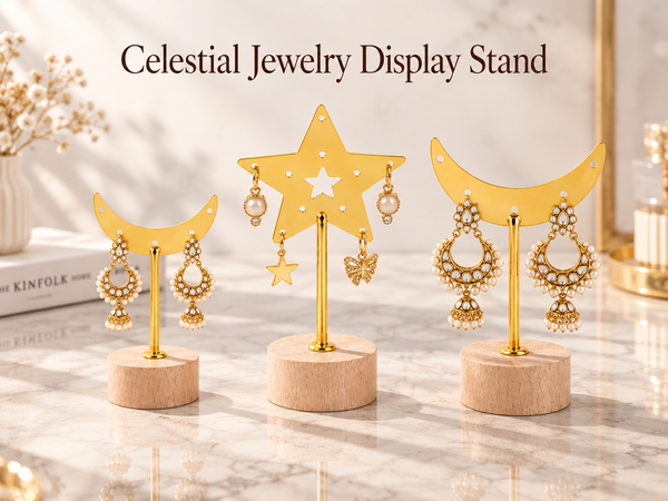 HASTHIP 3 Pcs Star and Moon T Bar Earring Display Stand with Wood Base Featuring 3