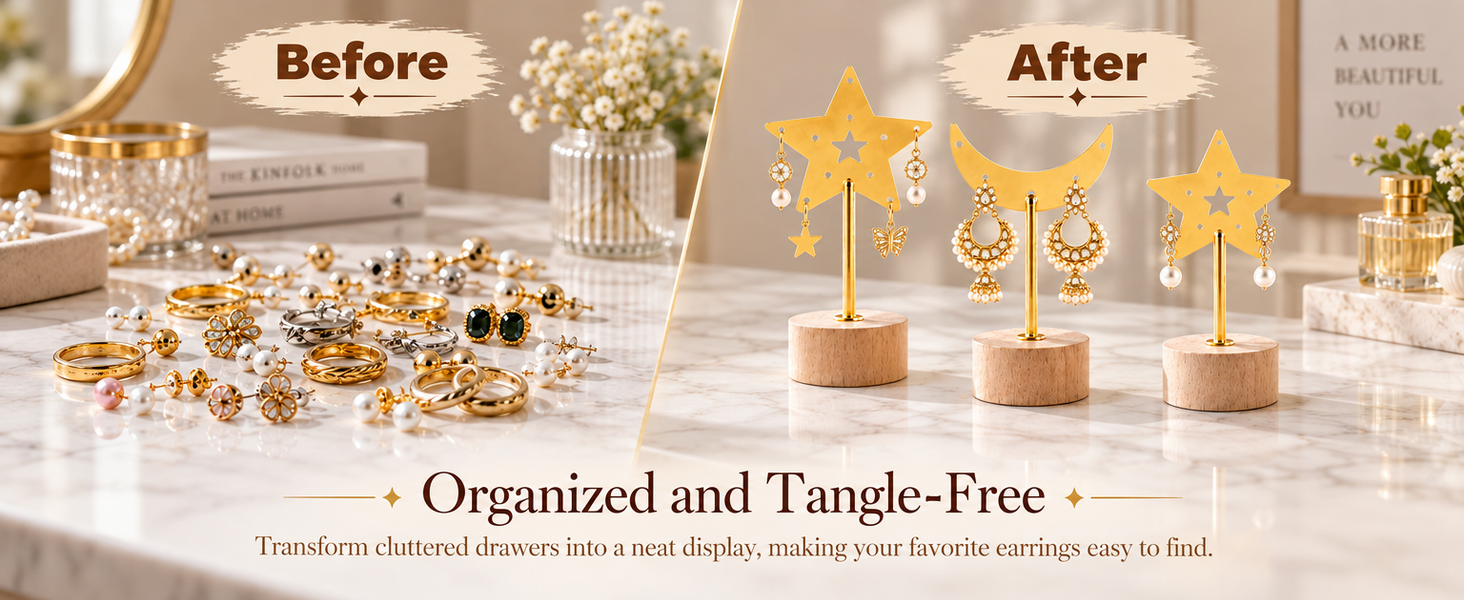 HASTHIP 3 Pcs Star and Moon T Bar Earring Display Stand with Wood Base Featuring 3