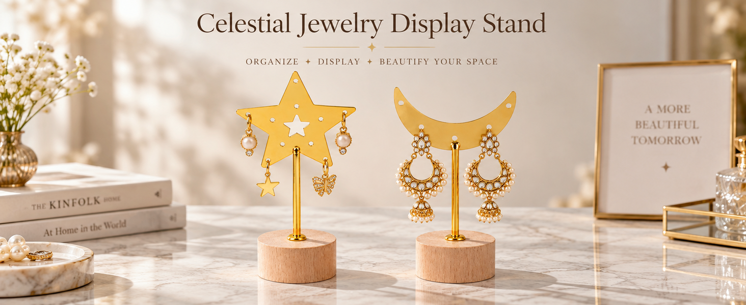 HASTHIP 3 Pcs Star and Moon T Bar Earring Display Stand with Wood Base Featuring 3