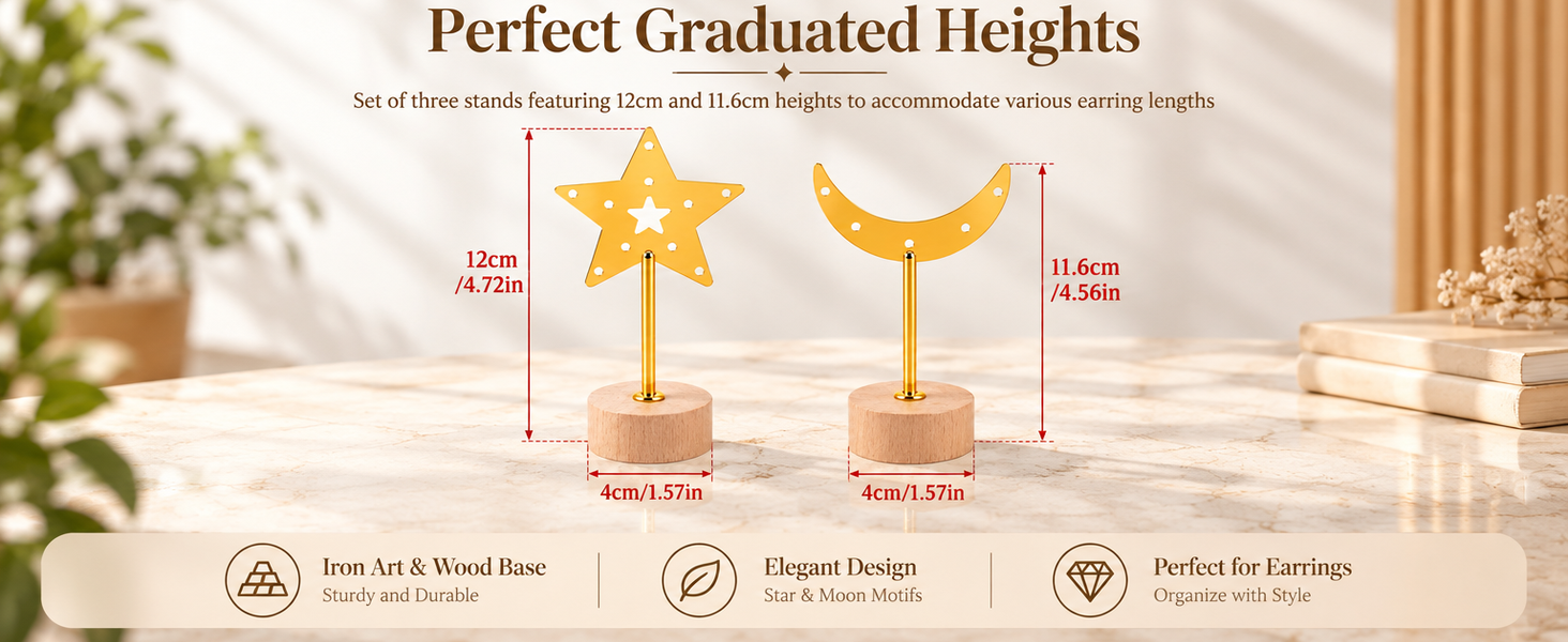 HASTHIP 3 Pcs Star and Moon T Bar Earring Display Stand with Wood Base Featuring 3