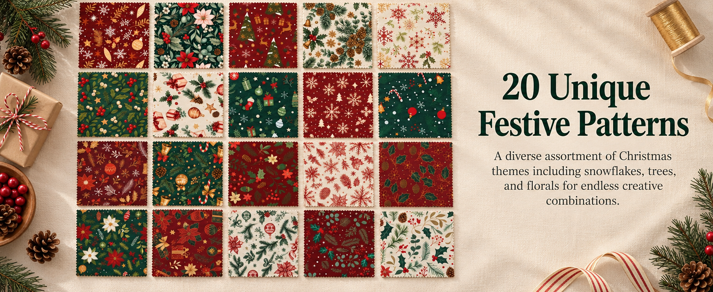 HASTHIP 20-Piece Cotton Fabric Squares, 25 x 25 cm Floral Prints for Sewing and Crafting
