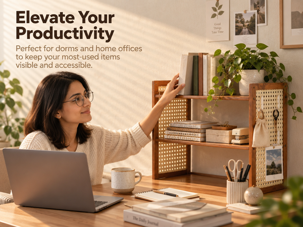 HASTHIP Two-Tier Brown Desktop Shelf with Pegboard for Books, Supplies and Compact Desk Organization