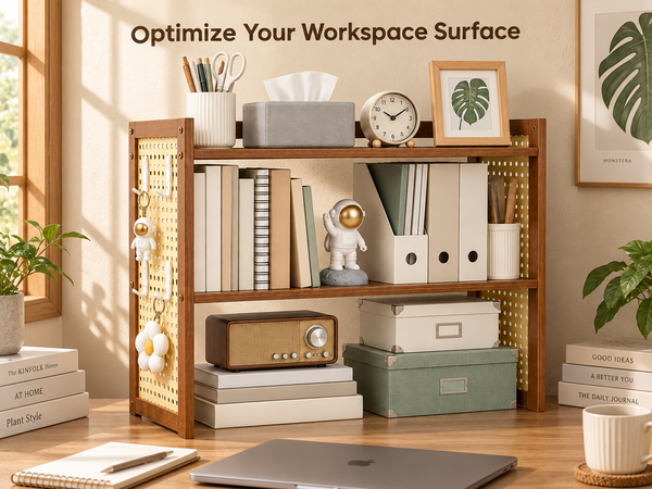 HASTHIP Two-Tier Brown Desktop Shelf with Pegboard for Books, Supplies and Compact Desk Organization