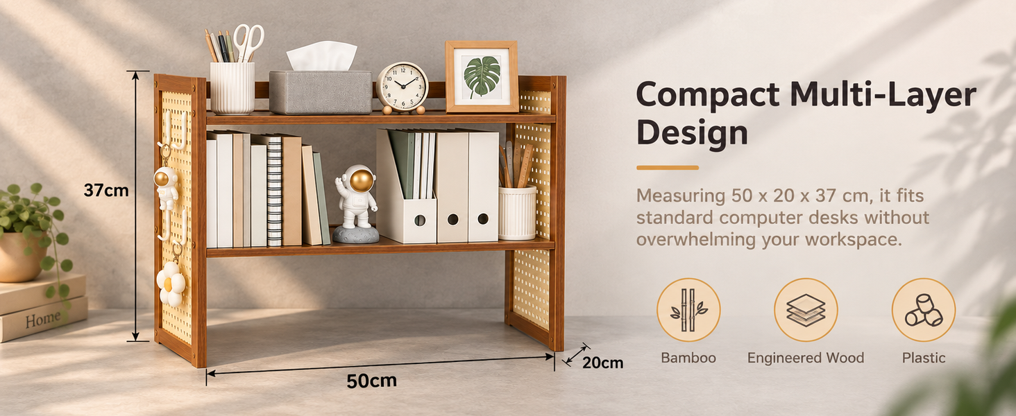 HASTHIP Two-Tier Brown Desktop Shelf with Pegboard for Books, Supplies and Compact Desk Organization
