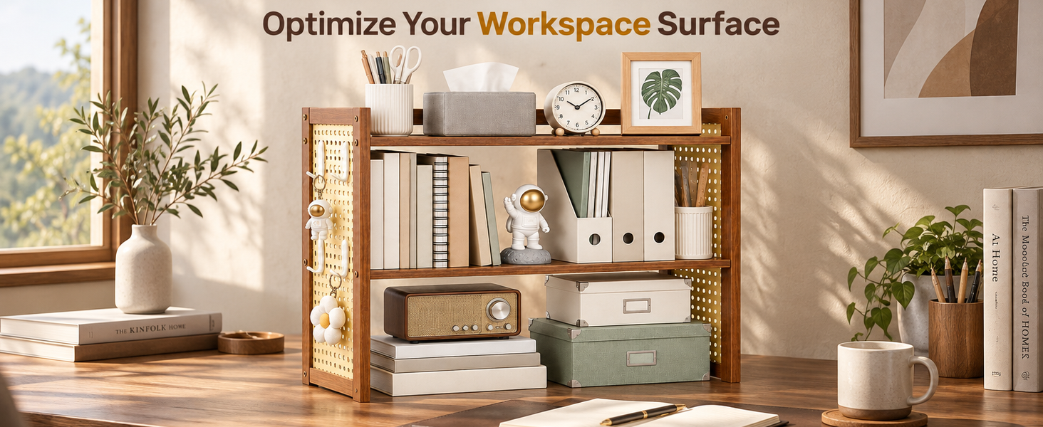 HASTHIP Two-Tier Brown Desktop Shelf with Pegboard for Books, Supplies and Compact Desk Organization