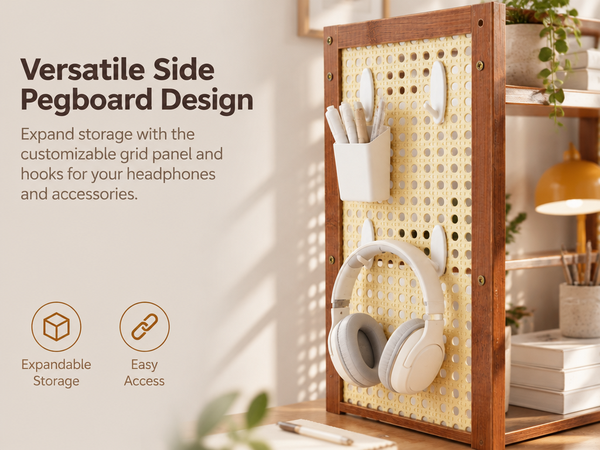 HASTHIP Two-Tier Brown Desktop Shelf with Pegboard for Books, Supplies and Compact Desk Organization
