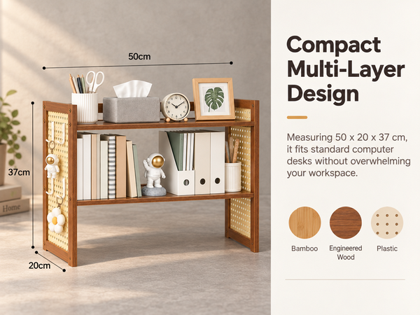 HASTHIP Two-Tier Brown Desktop Shelf with Pegboard for Books, Supplies and Compact Desk Organization