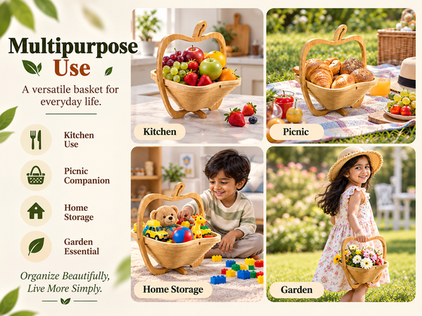 HASTHIP Foldable Bamboo Fruit Basket with Space-Saving Design and Stable Cross-Support Base