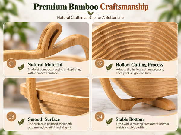 HASTHIP Foldable Bamboo Fruit Basket with Space-Saving Design and Stable Cross-Support Base