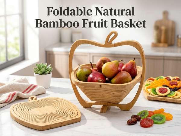 HASTHIP Foldable Bamboo Fruit Basket with Space-Saving Design and Stable Cross-Support Base