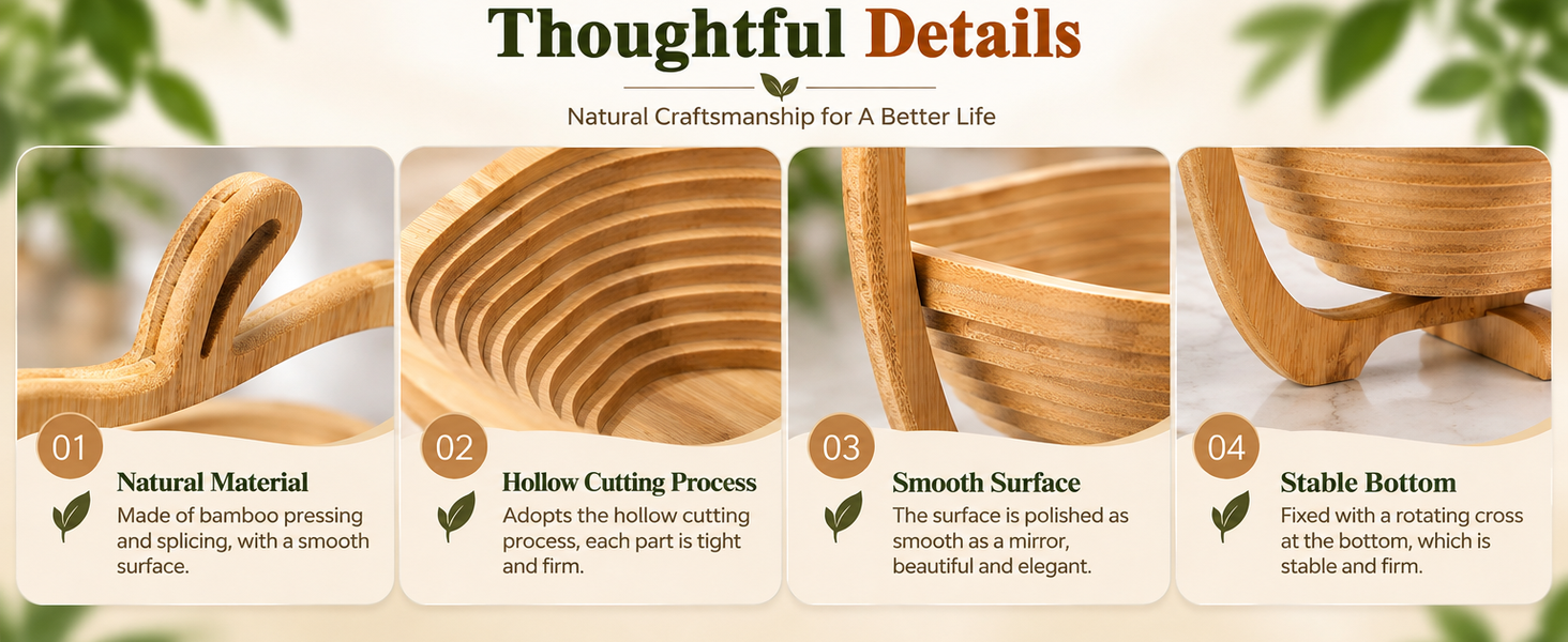HASTHIP Foldable Bamboo Fruit Basket with Space-Saving Design and Stable Cross-Support Base