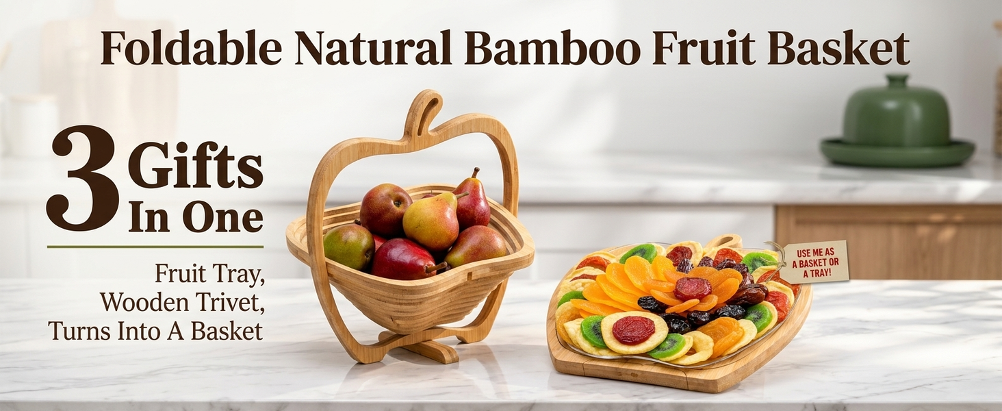 HASTHIP Foldable Bamboo Fruit Basket with Space-Saving Design and Stable Cross-Support Base