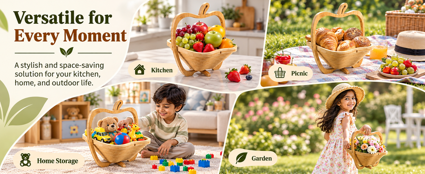 HASTHIP Foldable Bamboo Fruit Basket with Space-Saving Design and Stable Cross-Support Base