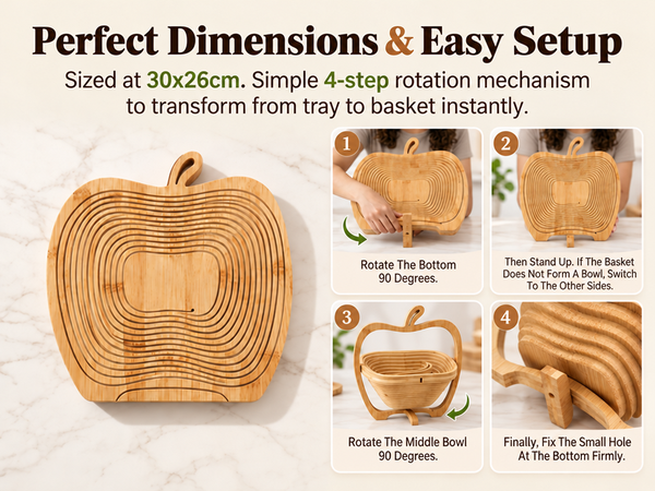 HASTHIP Foldable Bamboo Fruit Basket with Space-Saving Design and Stable Cross-Support Base