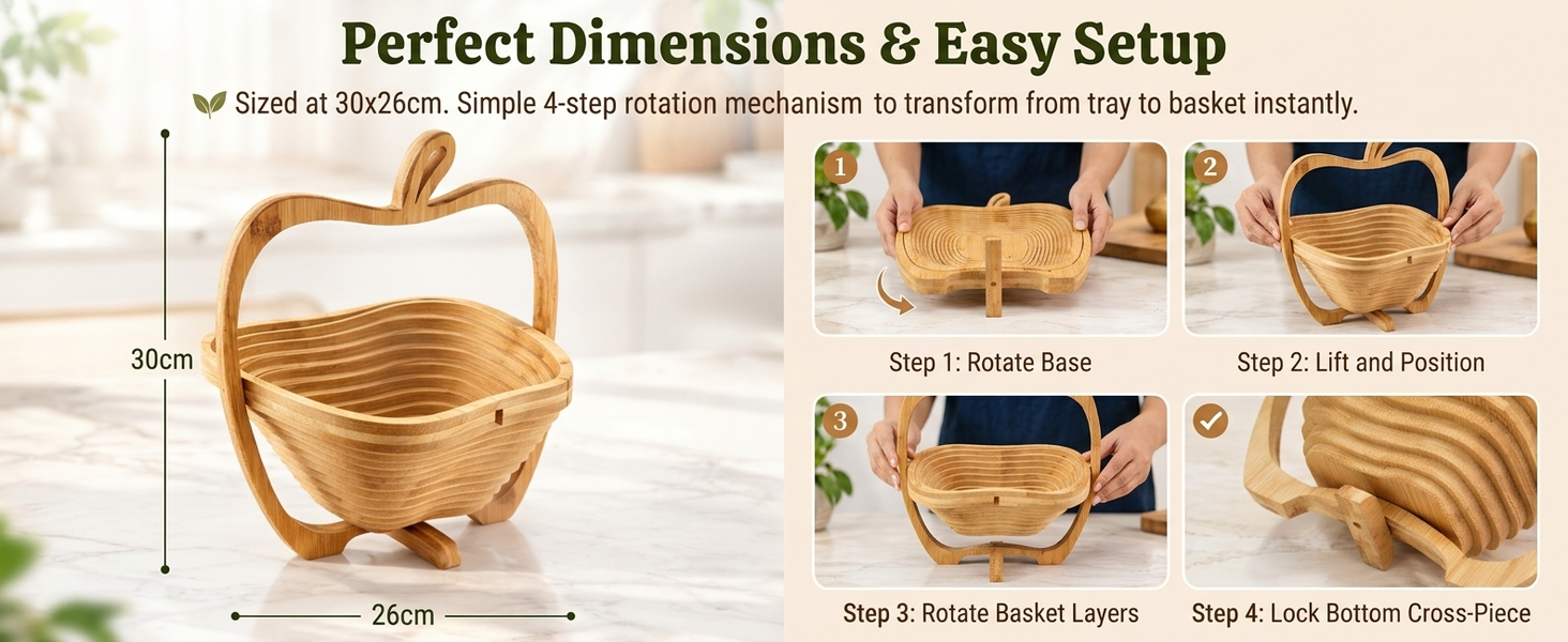 HASTHIP Foldable Bamboo Fruit Basket with Space-Saving Design and Stable Cross-Support Base