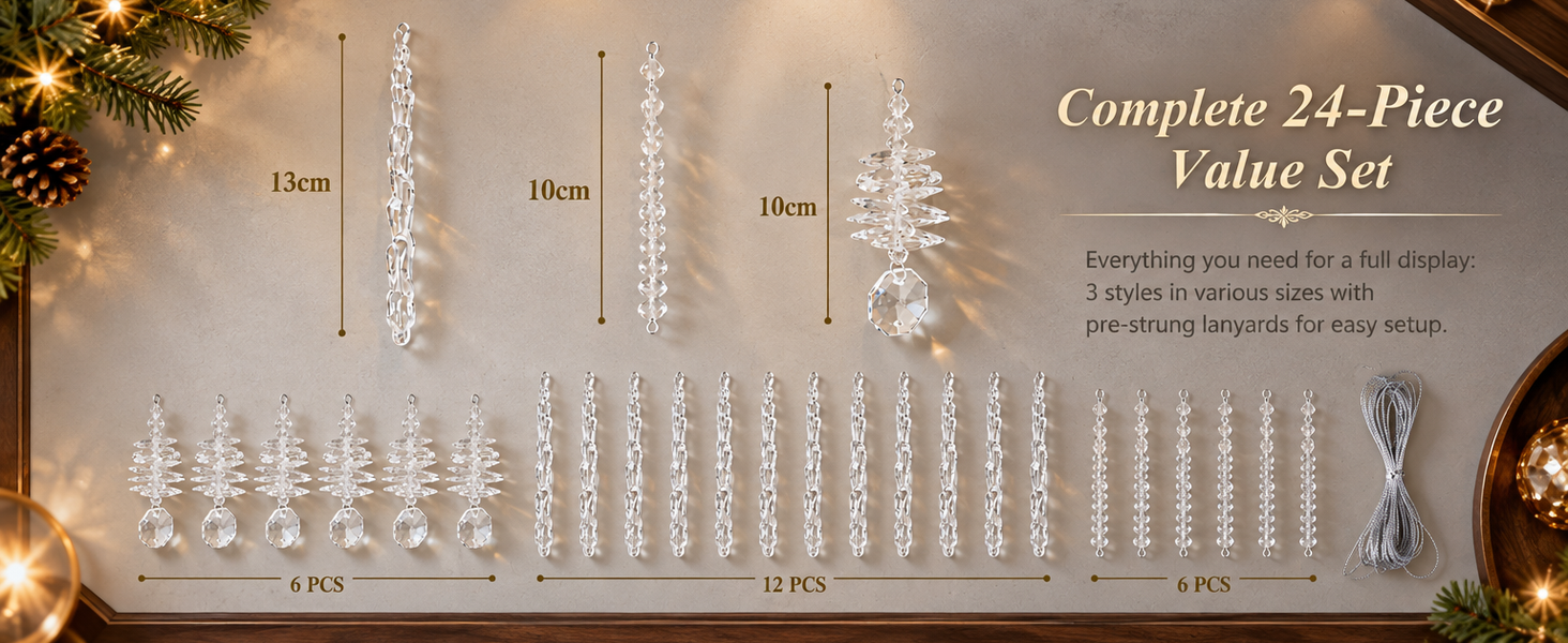 HASTHIP 24-Piece Acrylic Icicle Christmas Tree Ornaments with Three Winter Styles and Lanyards