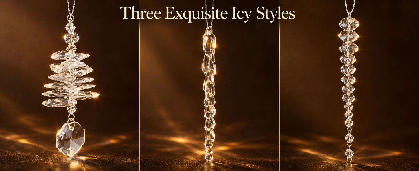 HASTHIP 24-Piece Acrylic Icicle Christmas Tree Ornaments with Three Winter Styles and Lanyards