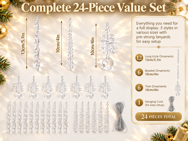 HASTHIP 24-Piece Acrylic Icicle Christmas Tree Ornaments with Three Winter Styles and Lanyards