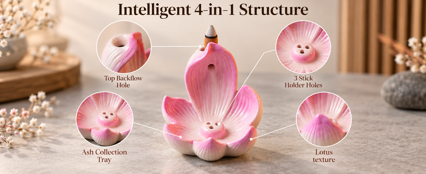 HASTHIP Lotus Incense Burner, 4-Hole Resin Stick Holder with Leaf Tray for Pooja and Meditation