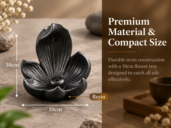 HASTHIP 10cm Lotus Incense Burner, Black Resin 4-Hole Stick Holder with Backflow Effect