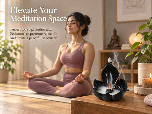 HASTHIP 10cm Lotus Incense Burner, Black Resin 4-Hole Stick Holder with Backflow Effect