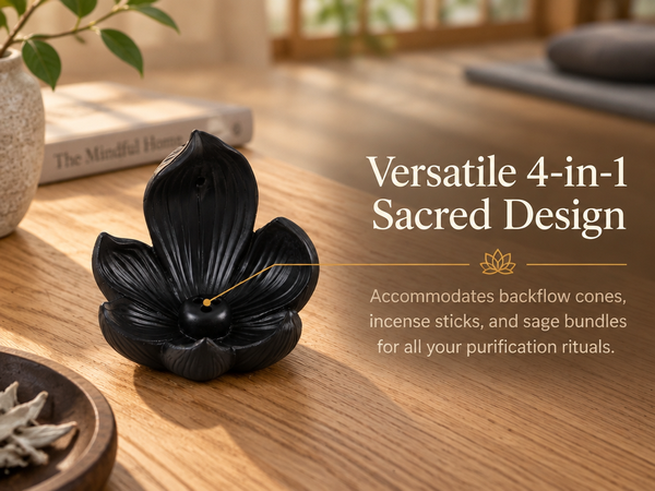 HASTHIP 10cm Lotus Incense Burner, Black Resin 4-Hole Stick Holder with Backflow Effect
