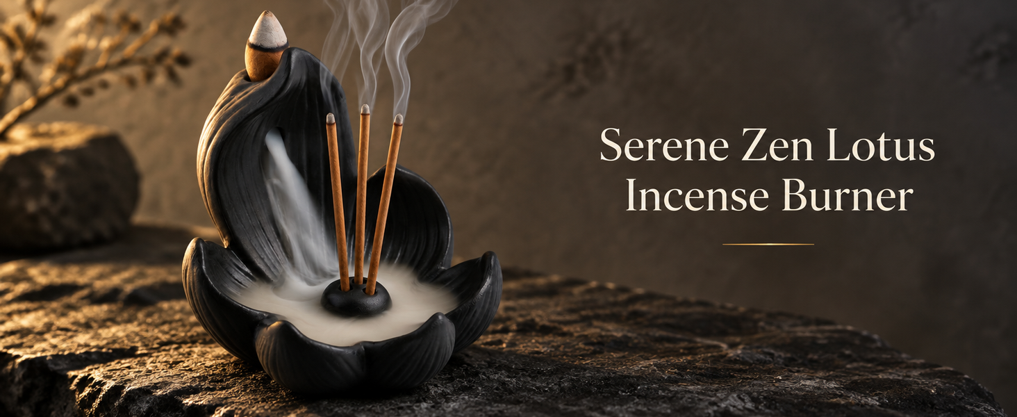 HASTHIP 10cm Lotus Incense Burner, Black Resin 4-Hole Stick Holder with Backflow Effect