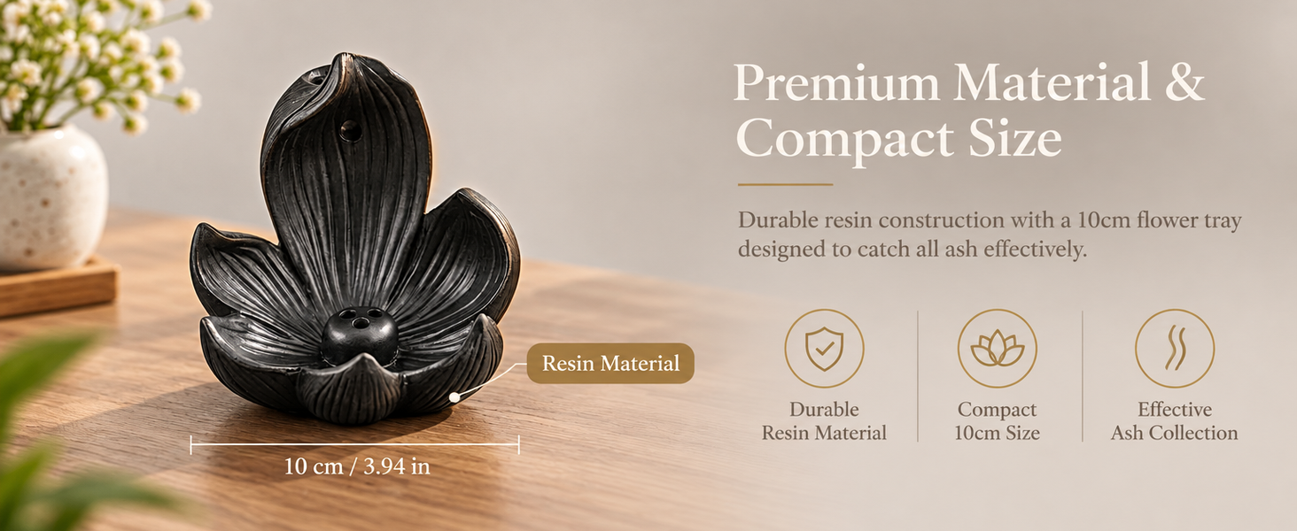 HASTHIP 10cm Lotus Incense Burner, Black Resin 4-Hole Stick Holder with Backflow Effect