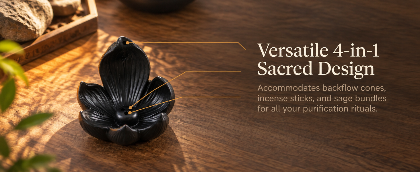 HASTHIP 10cm Lotus Incense Burner, Black Resin 4-Hole Stick Holder with Backflow Effect