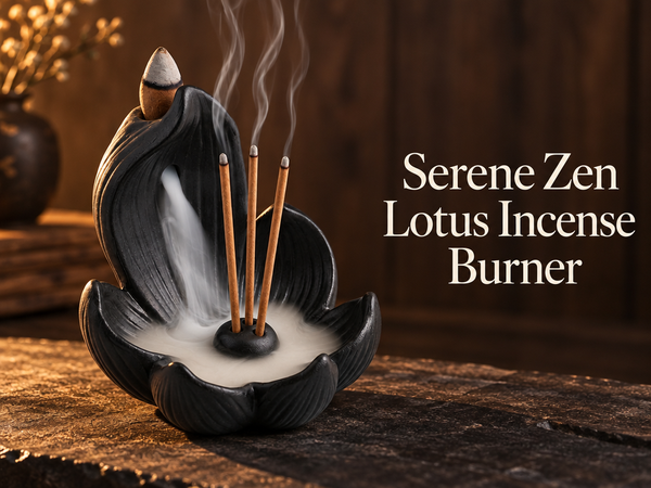 HASTHIP 10cm Lotus Incense Burner, Black Resin 4-Hole Stick Holder with Backflow Effect