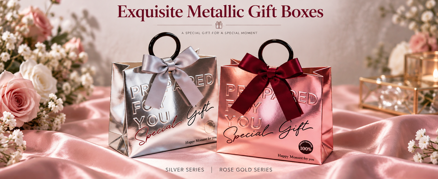 HASTHIP Metallic Foil Gift Boxes with Ring Handles, Pre-Tied Bows and Embossed Typography