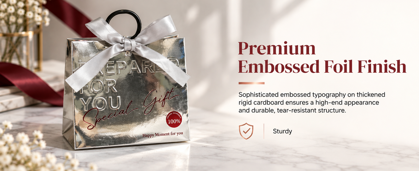 HASTHIP Metallic Foil Gift Boxes with Ring Handles, Pre-Tied Bows and Embossed Typography