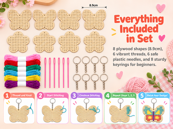 HASTHIP Wood Cross Stitch Kit for Kids and Beginners with Punched Plywood Butterfly and Flower Shapes