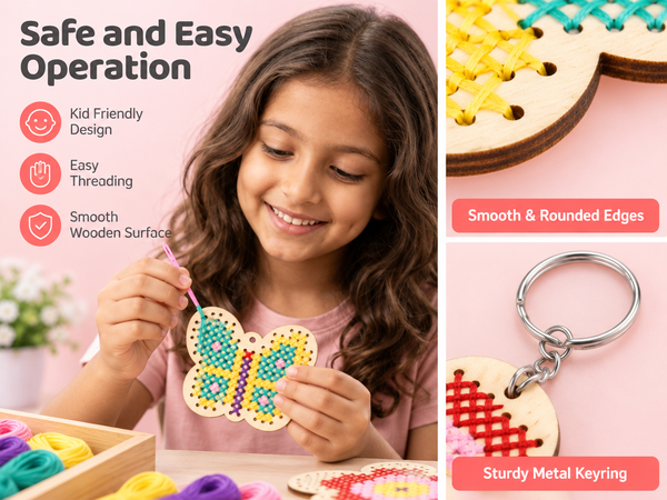 HASTHIP Wood Cross Stitch Kit for Kids and Beginners with Punched Plywood Butterfly and Flower Shapes