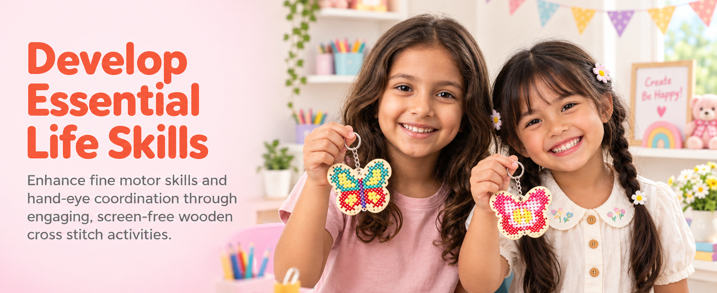 HASTHIP Wood Cross Stitch Kit for Kids and Beginners with Punched Plywood Butterfly and Flower Shapes